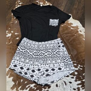 Black T-Shirt and Patterned Shorts Set